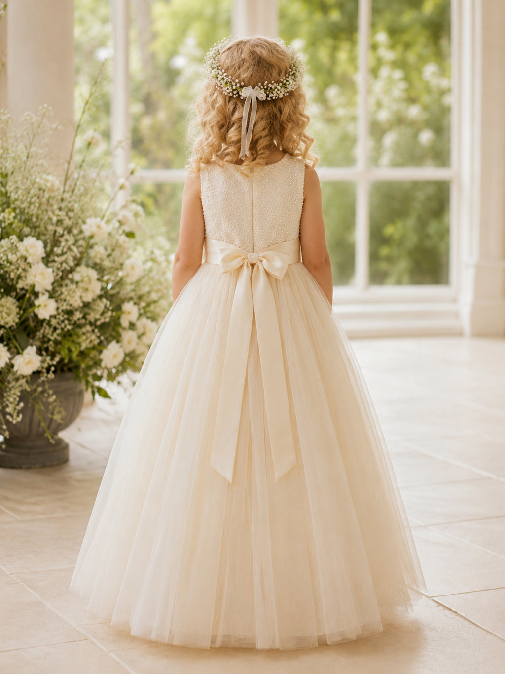 Ivory Tulle A-Line Flower Girl Dress with Sleeveless, jewel Neckline, and Floor length Skirt with Bow Accents back view