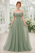 Sage Off-the-Shoulder Chiffon A-Line Bridesmaid Dress with Corset Bodice and Floor Skirt front view