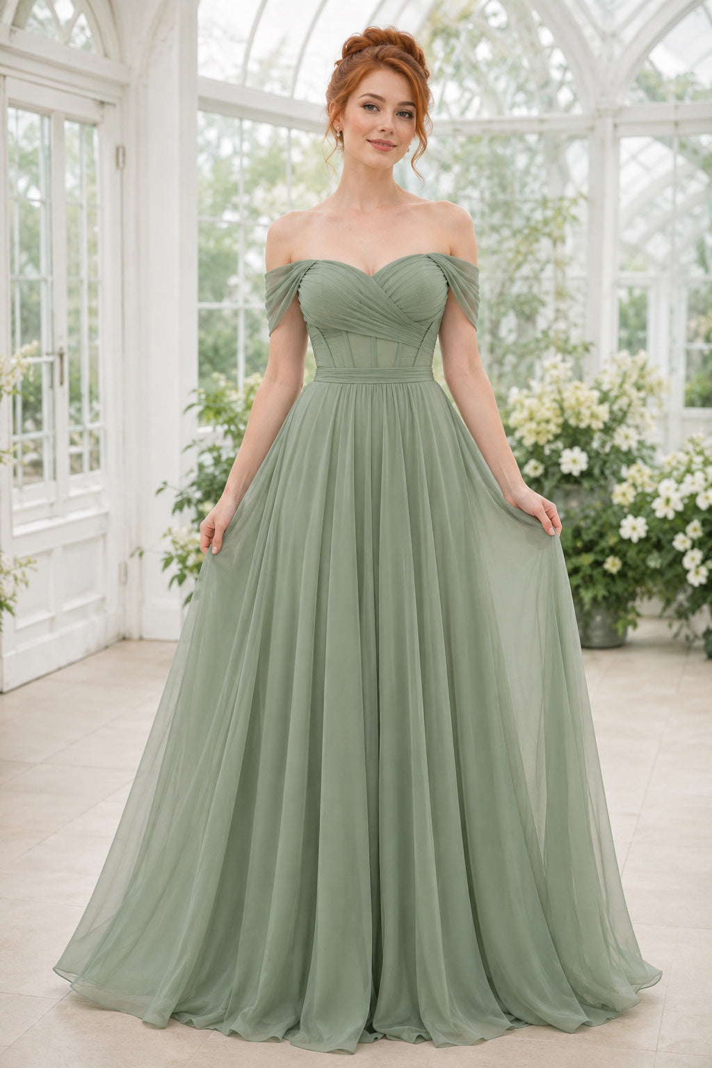 Sage Off-the-Shoulder Chiffon A-Line Bridesmaid Dress with Corset Bodice and Floor Skirt front view