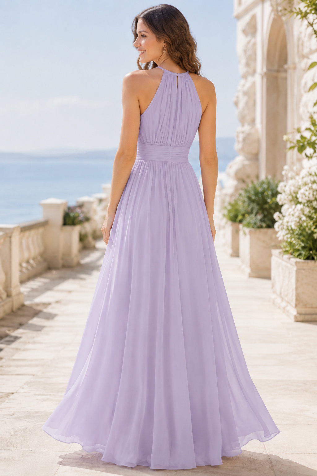 Lavender Halter Chiffon A-Line Bridesmaid Dress with High Neck and Flowing Skirt back view