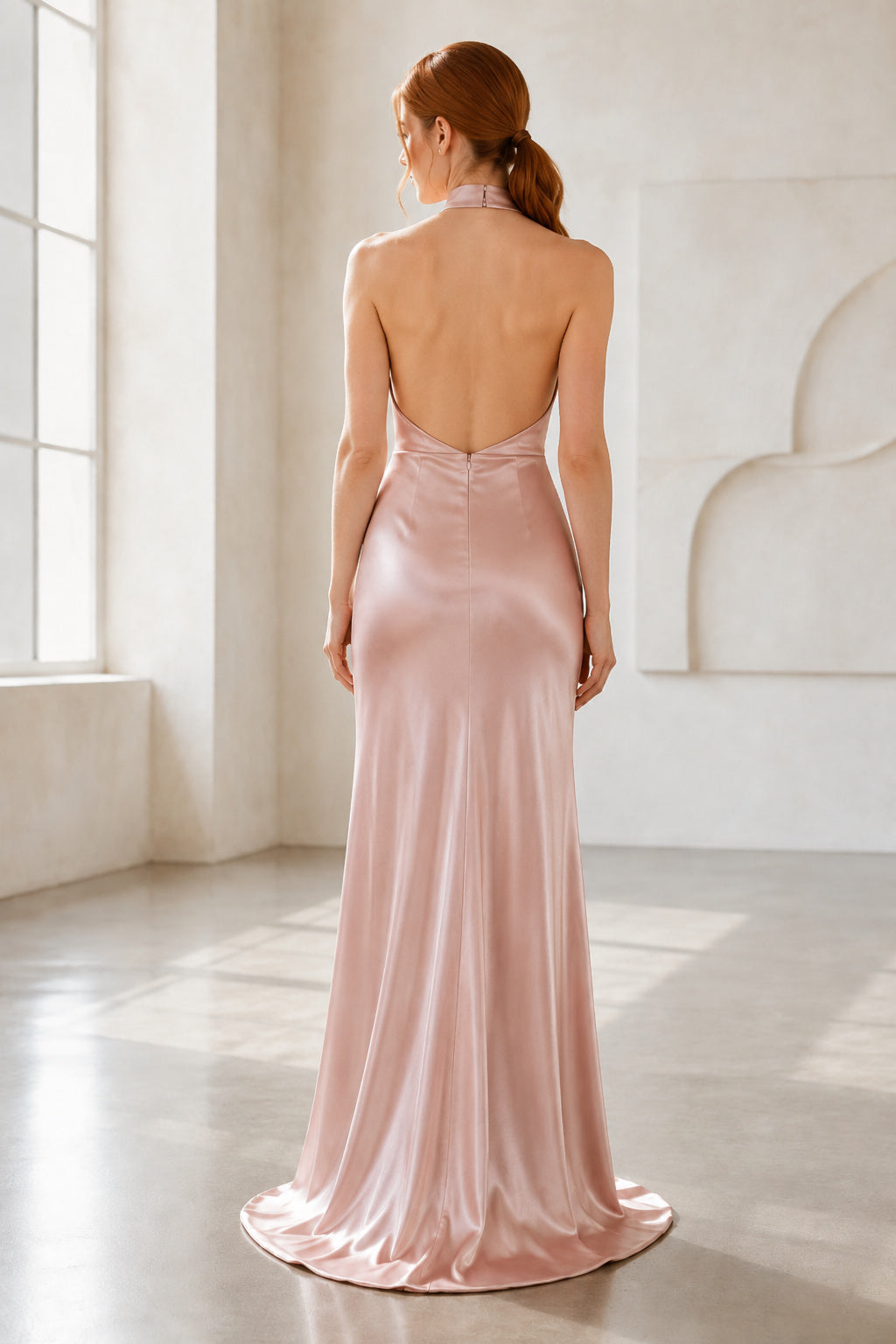 Blushing Pink Halter Charmeuse Sheath Formal Dress with Draped Neck and Open Back back view