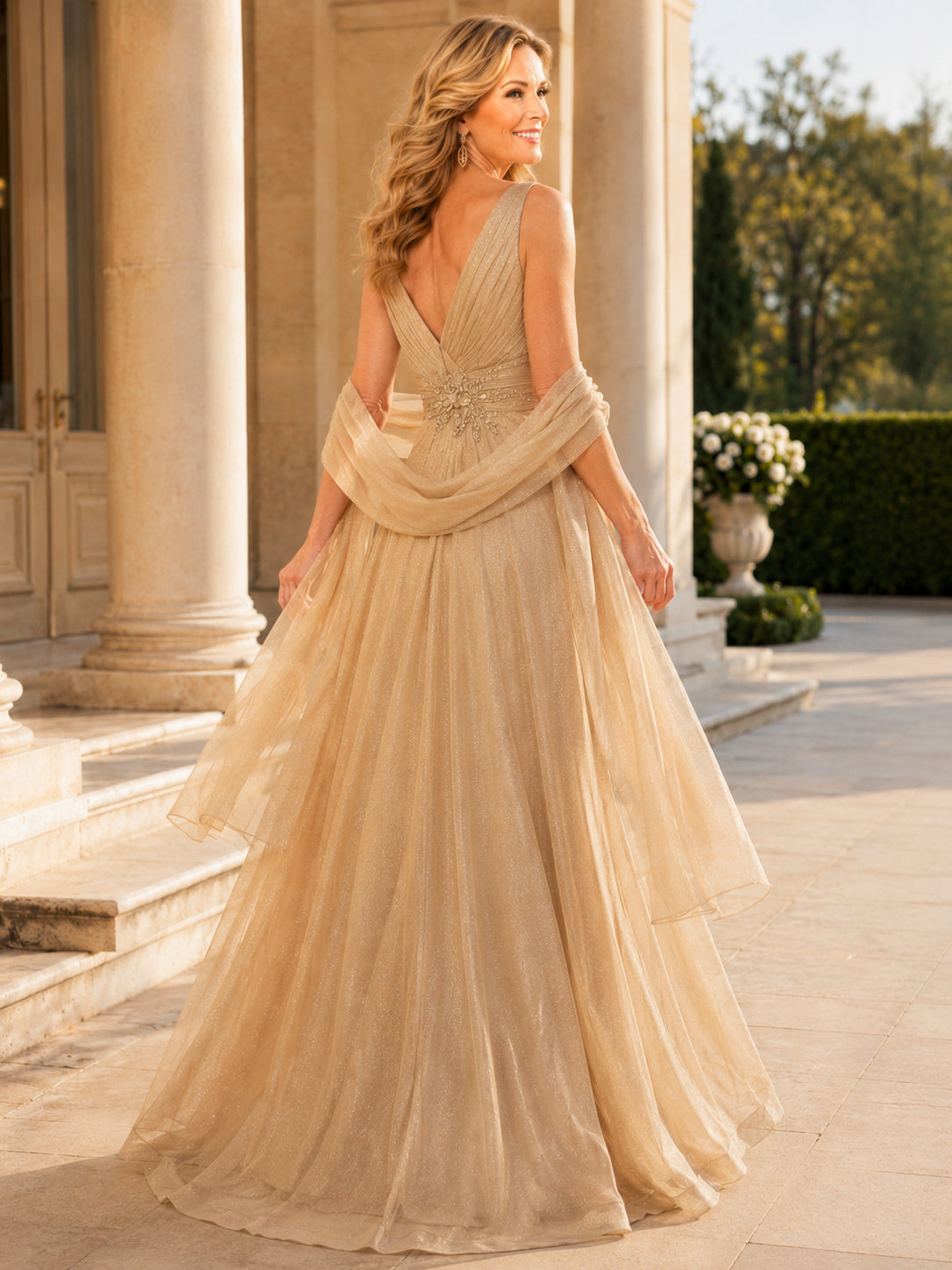 Gold Romantic V-Neck Tulle A-Line Floor-Length Mother of the Bride Gown with Glitter Finish and Draped Stole back view