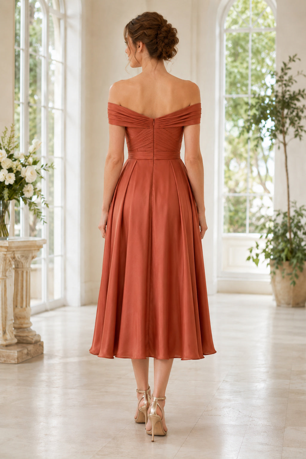 Orange Terracotta Wedding Guest Sheath Dress Style MG_301572 back view