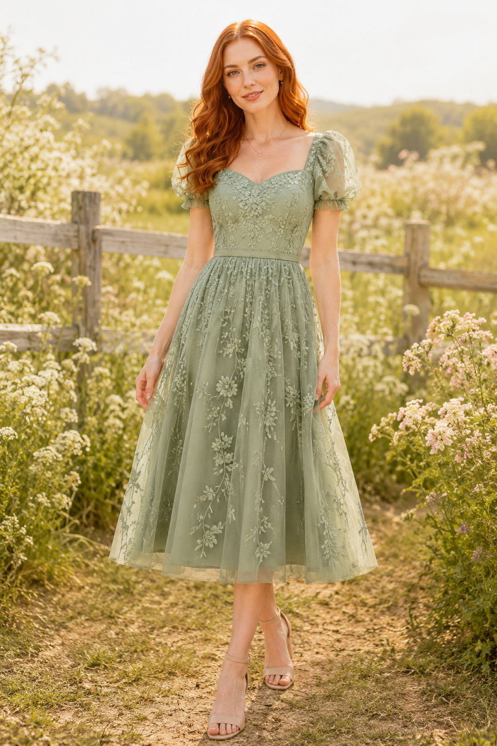 Sage Square Neck Lace Embroidered Dress with Puff Sleeves Tea Length A-Line Homecoming Dress front view