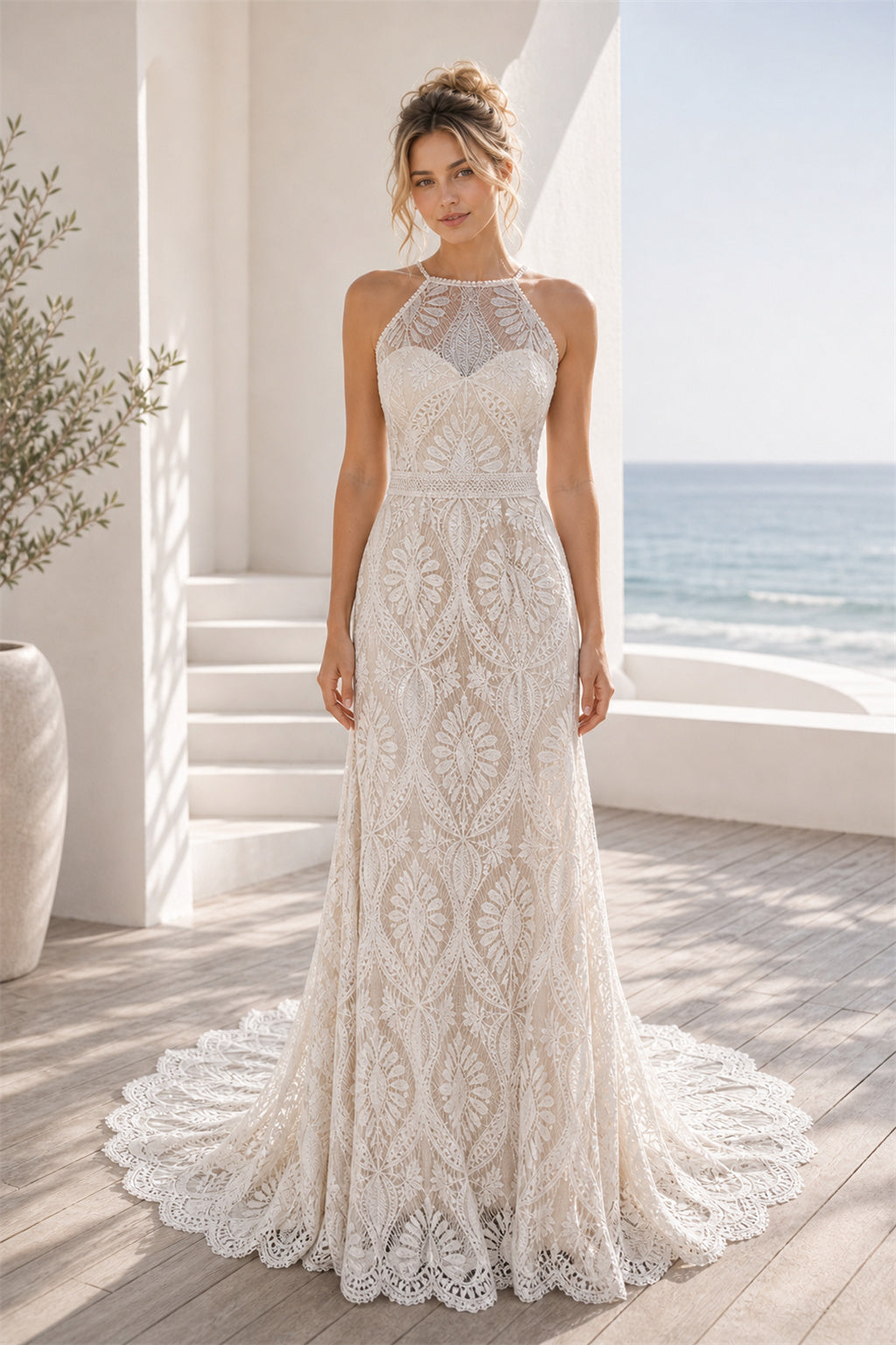 White Scoop Three-Quarter Sleeves Mermaid Lace Floor-length Wedding Dress With Lace and Open Back and Open Back
