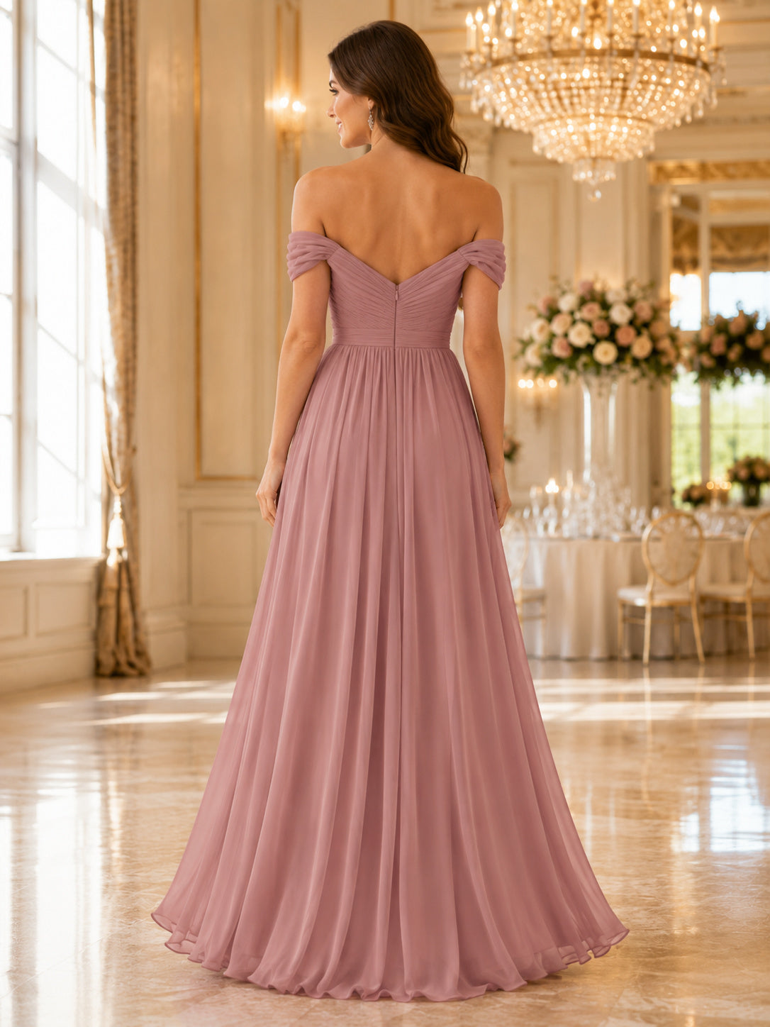 Black Tie Formal Dusty Rose Romantic Elegant A-Line Chiffon Bridesmaid Dress with Off Shoulder Sweetheart Short Sleeve Floor-