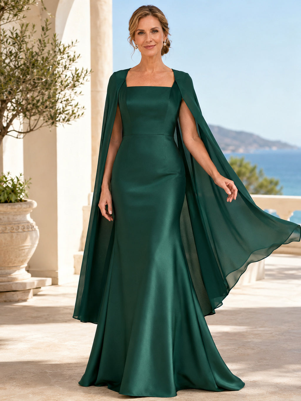 Dark Green Floor-Length Mermaid Luxury Mother of the Bride Satin Gown with Square Neck Long Split Cape and Sweep Train front