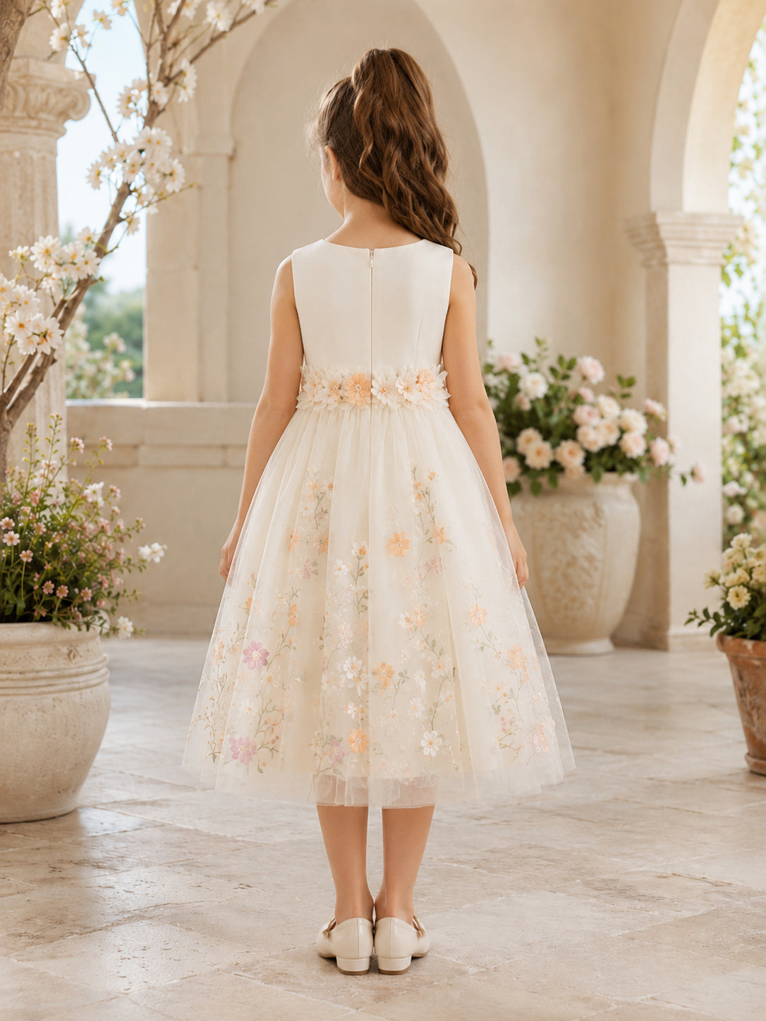 Floral Embroidered Sleeveless Tulle A-Line Tea-Length Garden Formal Flower Girl Dress back view