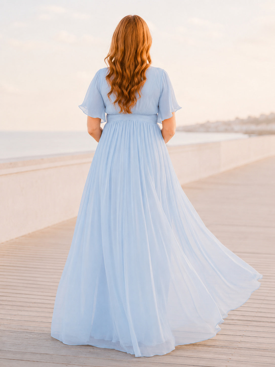Sky Blue Maternity Beach V-Neck Flutter Sleeve Chiffon Empire Flowing Maxi Dress back view