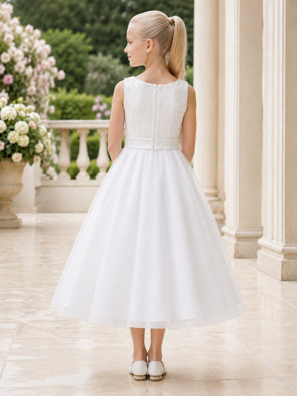 Elegant Pearl Beaded Sleeveless Tea-Length A-Line Flower Girl Garden Wedding Tulle Dress back view