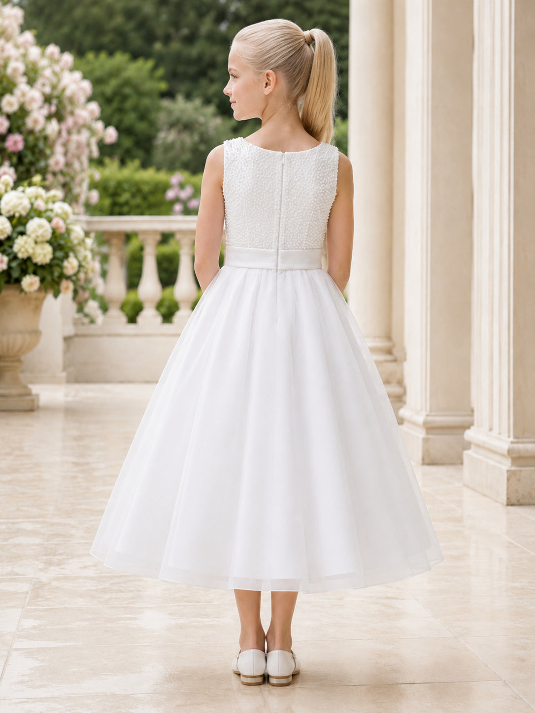Elegant Pearl Beaded Sleeveless Tea-Length A-Line Flower Girl Garden Wedding Tulle Dress back view