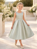 Flower Girl Dress Sage Satin A-Line Sleeveless Jewel Neck Tea Length front view