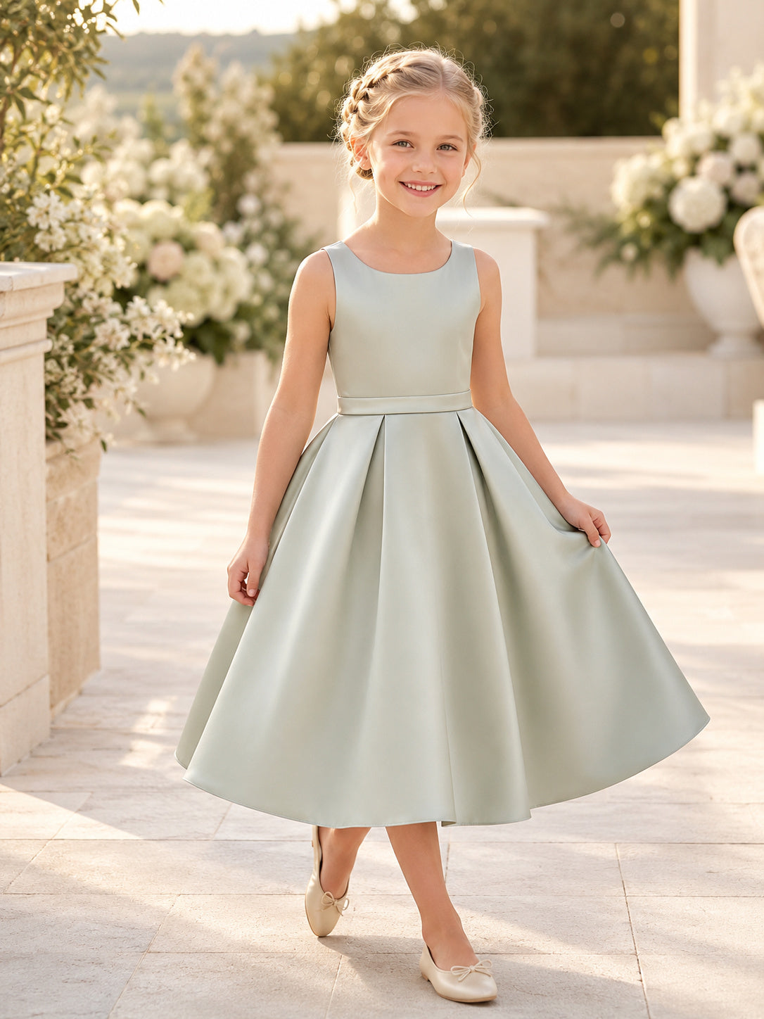 Flower Girl Dress Sage Satin A-Line Sleeveless Jewel Neck Tea Length front view