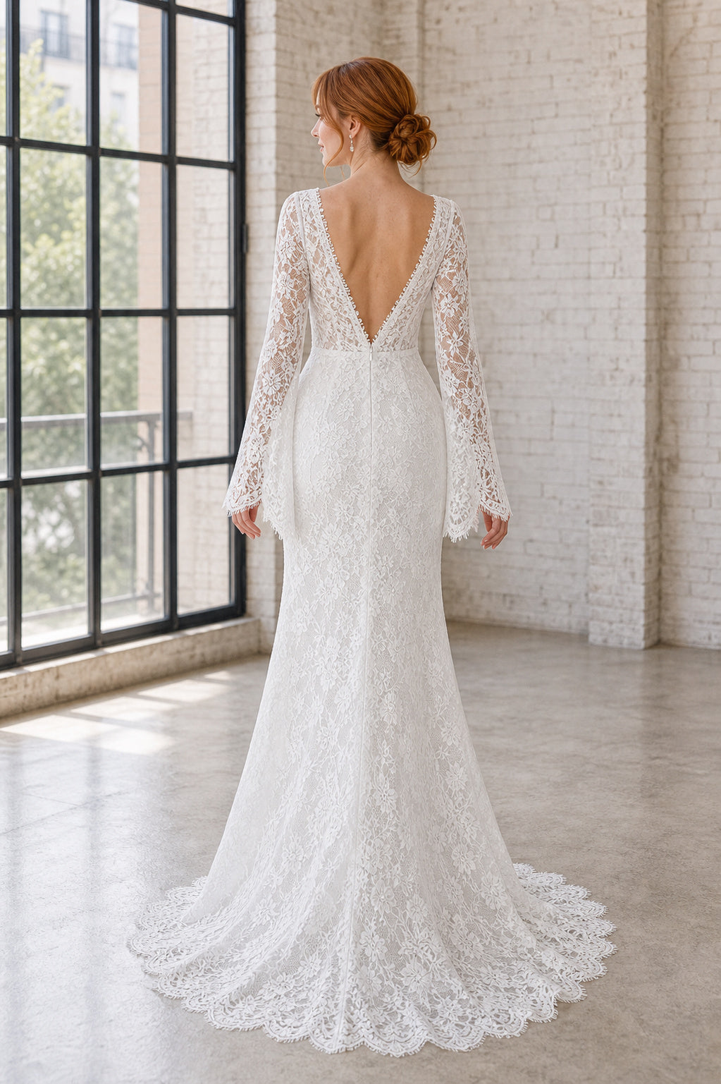 White Illusion Long Sleeves A-Line Satin Floor-length Wedding Dress With Sweep Train and Open Back