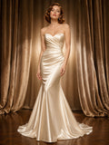 Strapless Ruched Satin Mermaid Sweep Bridal Gown Floor Length front view