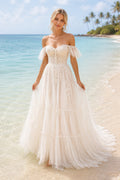 Ivory Off Shoulder Sweetheart Lace Tulle A-Line Wedding Dress Train for Bridal Ceremony and Reception front view