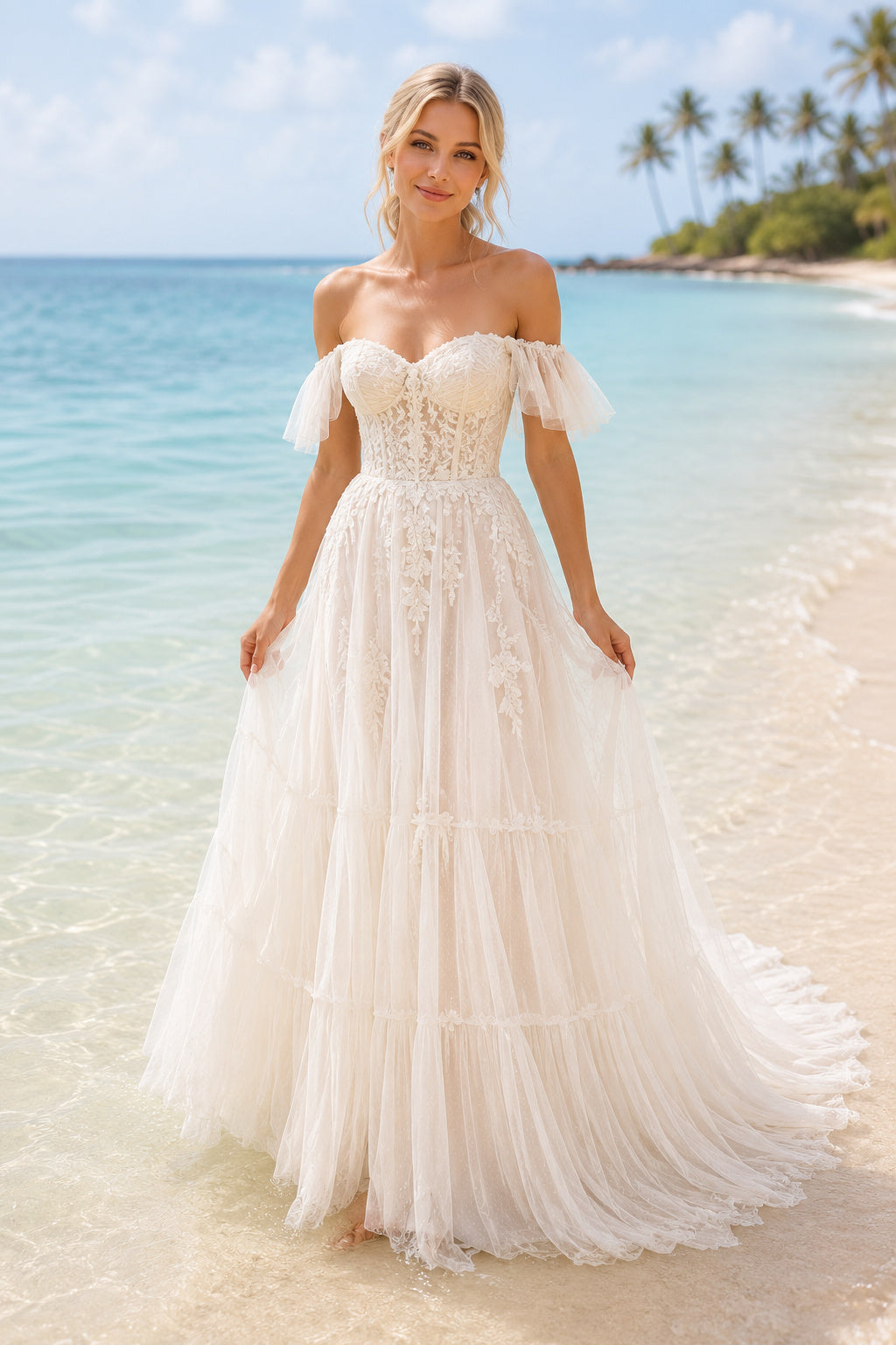 Ivory Off Shoulder Sweetheart Lace Tulle A-Line Wedding Dress Train for Bridal Ceremony and Reception front view