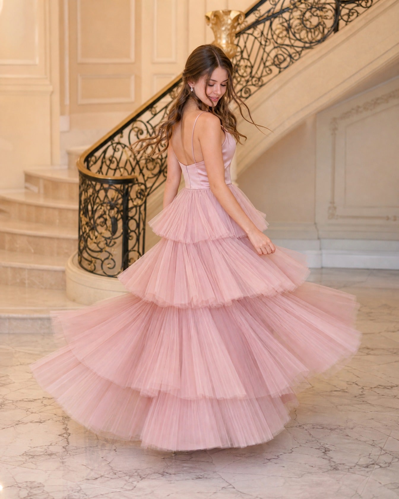 Blush Strapless Tiered Tulle Ball Gown