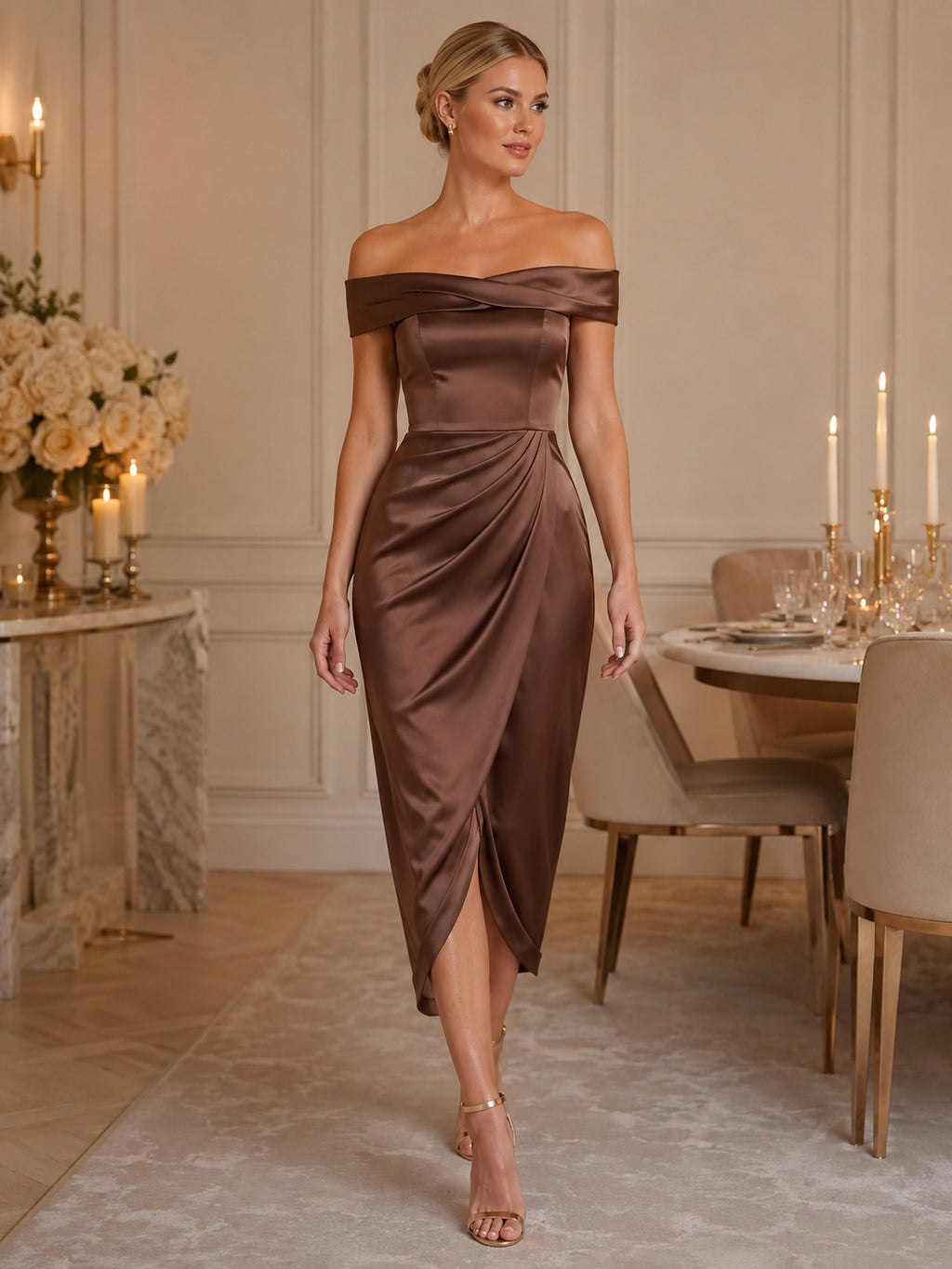 Mocha off shoulder satin wrap sheath midi cocktail dress front view