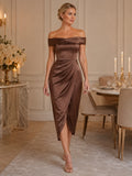 Mocha off shoulder satin wrap sheath midi cocktail dress front view
