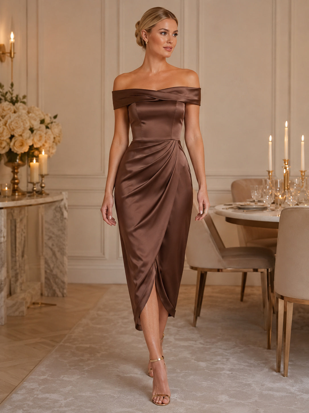 Mocha off shoulder satin wrap sheath midi cocktail dress front view