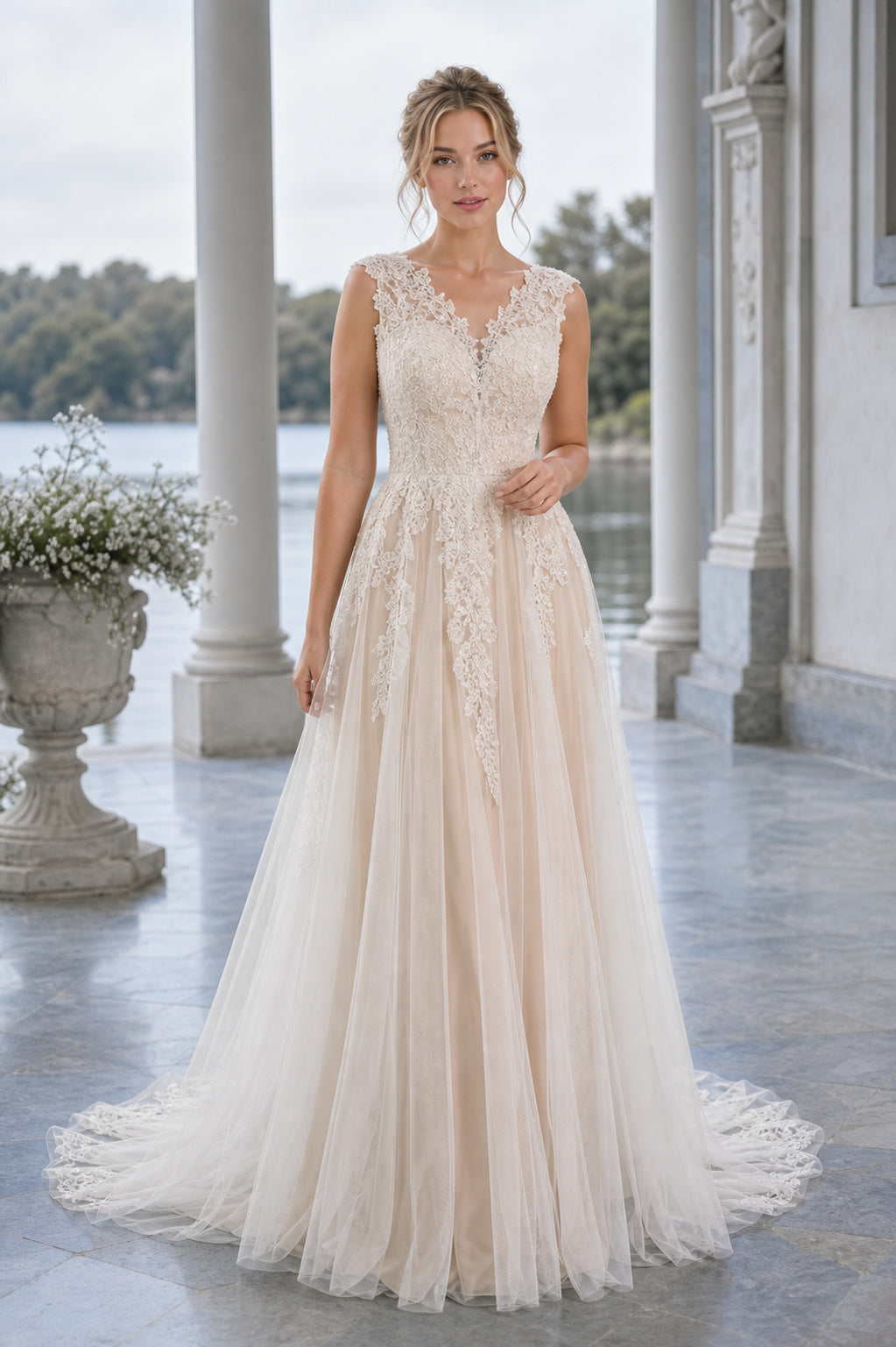 Ivory Bateau Short Sleeves Sheath Lace Floor-length Wedding Dress With Lace and Front Slit and Open Back