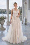 Ivory Bateau Short Sleeves Sheath Lace Floor-length Wedding Dress With Lace and Front Slit and Open Back
