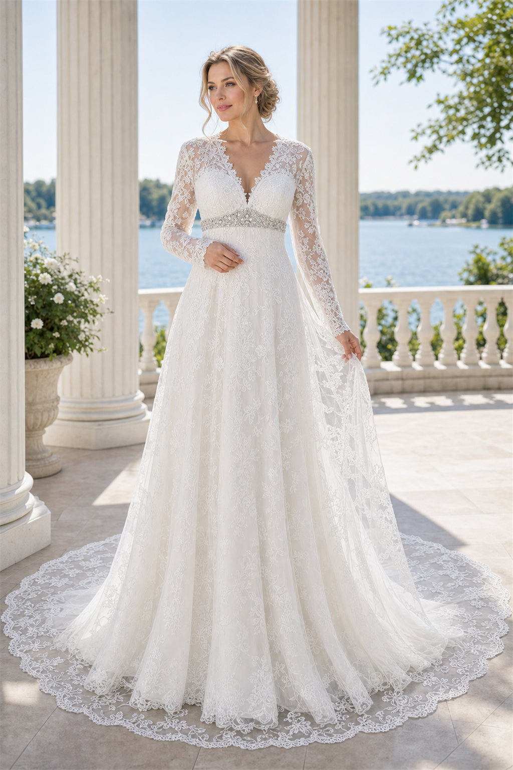 Ivory Off-the-shoulder Mermaid Crepe, Lace Floor-length Wedding Dress With Lace and Front Slit and Open Back