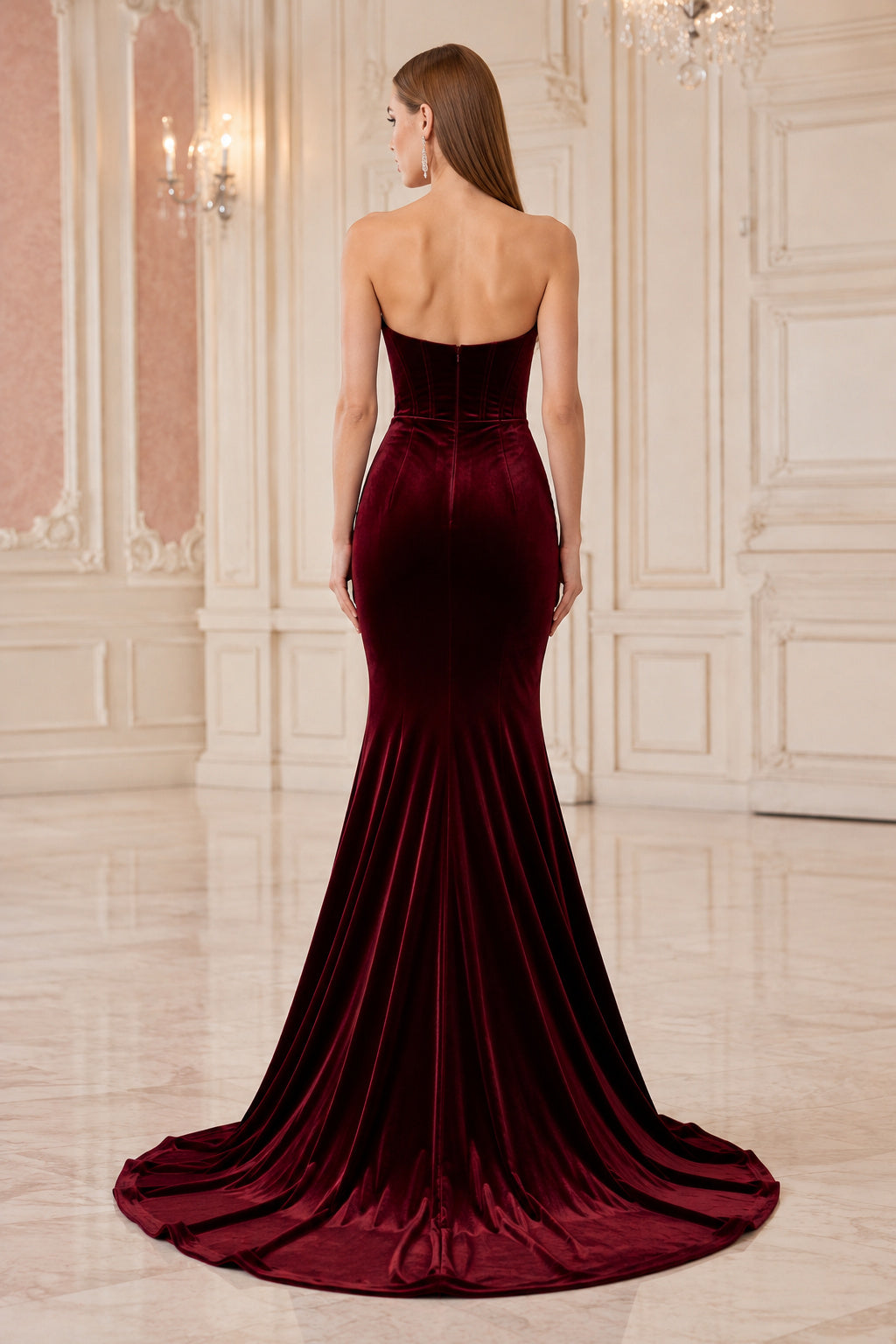 Burgundy strapless velvet mermaid gown with sweetheart neckline and sweep train Floor-length And Sweep/Brush Train Mermaid Tr
