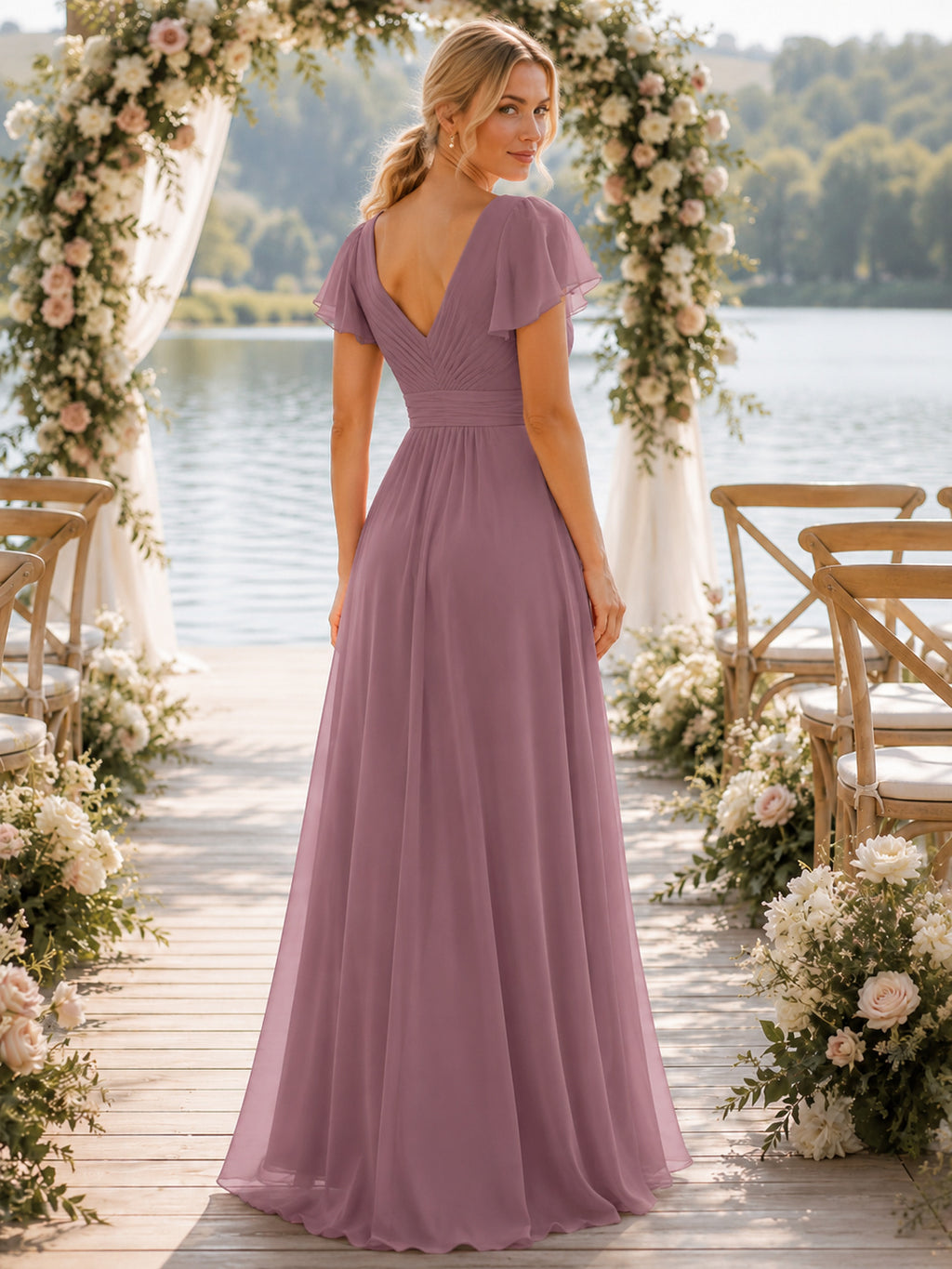 Mauve flutter sleeve chiffon floor length bridesmaid dress with flowing skirt back view