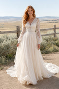 Ivory V-Neck Long Sleeve Lace A-Line Wedding Dress with Soft Tulle Skirt and Train front view