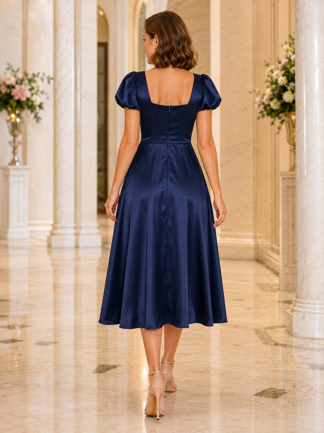 Navy satin square neck puff sleeve A-line midi dress back view