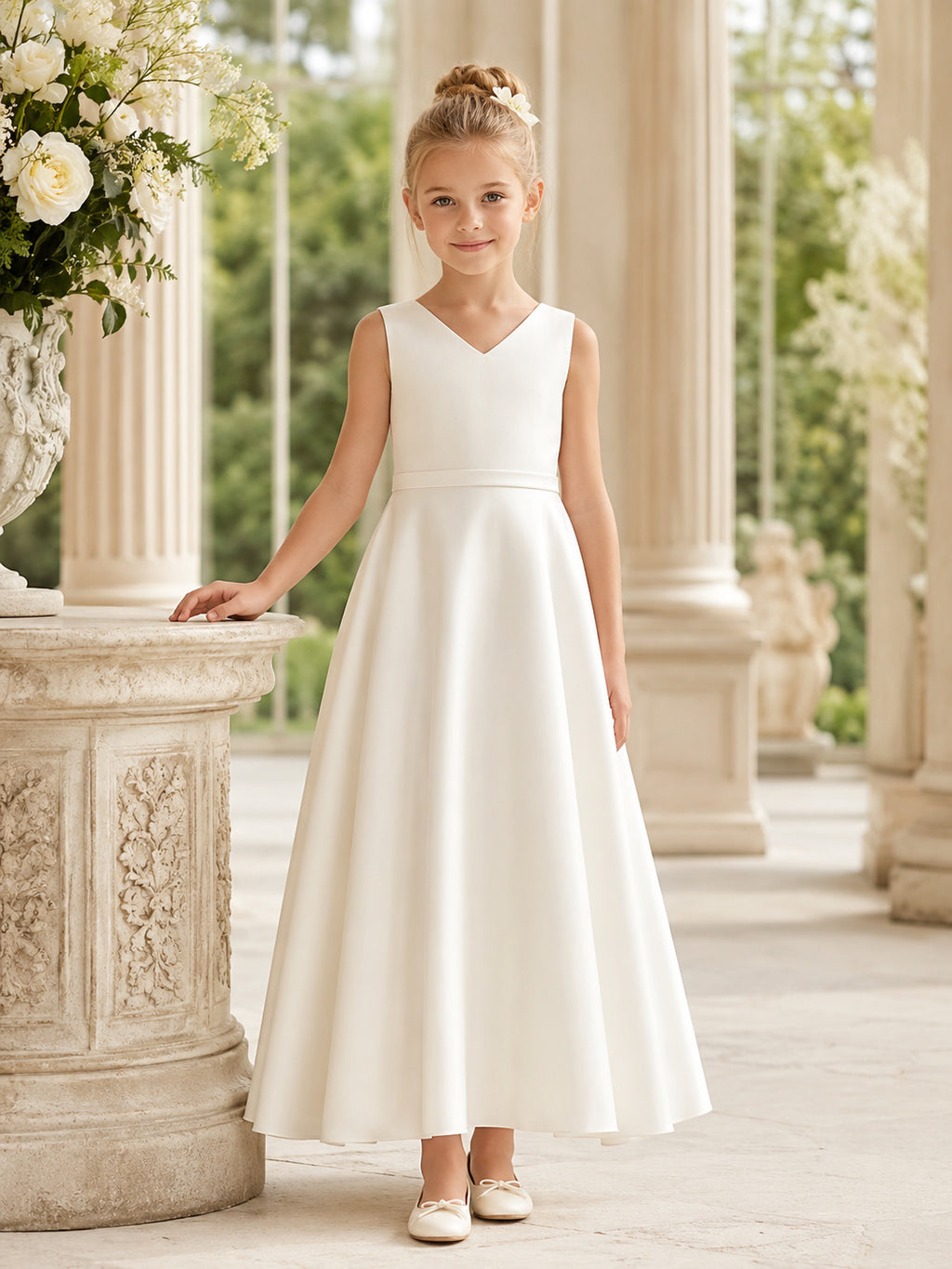 Flower Girl Dress Ivory Satin A-Line Sleeveless V Neck Floor Length front view