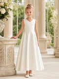 Flower Girl Dress Ivory Satin A-Line Sleeveless V Neck Floor Length front view
