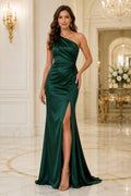 Dark Green One-Shoulder Satin Sheath Formal Dress with Side Split and Ruched Waist front view