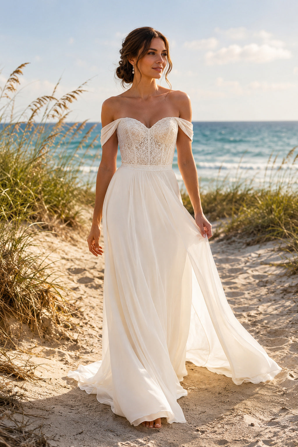 Ivory Off Shoulder Sweetheart Chiffon A-Line Wedding Dress Split Train for Bridal Ceremony and Reception front view