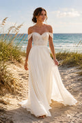 Ivory Off Shoulder Sweetheart Chiffon A-Line Wedding Dress Split Train for Bridal Ceremony and Reception front view