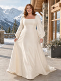 Plus Size Square Neck Long Puff Sleeve Satin Corset A-Line Chapel Wedding Gown front view