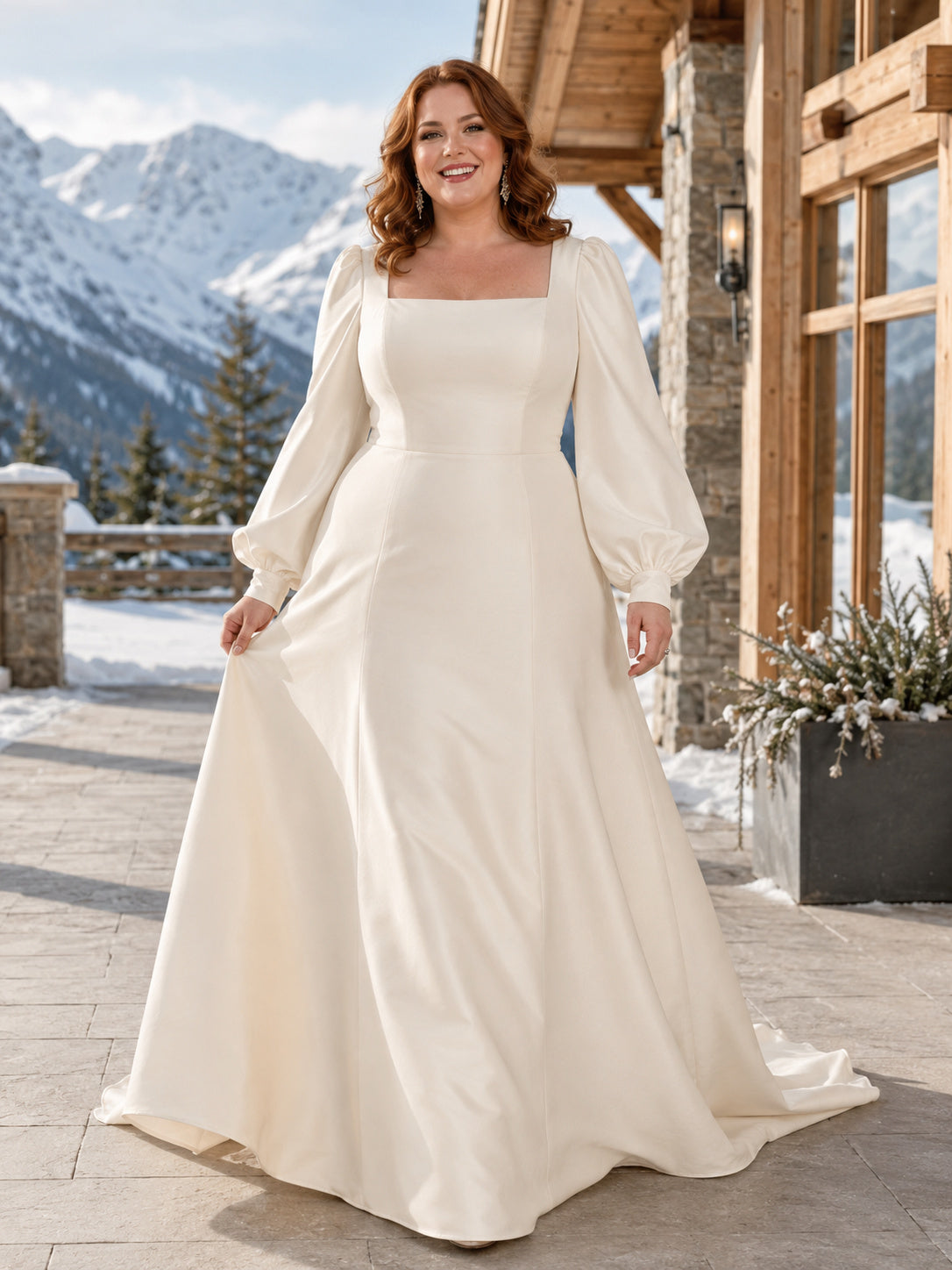 Plus Size Square Neck Long Puff Sleeve Satin Corset A-Line Chapel Wedding Gown front view