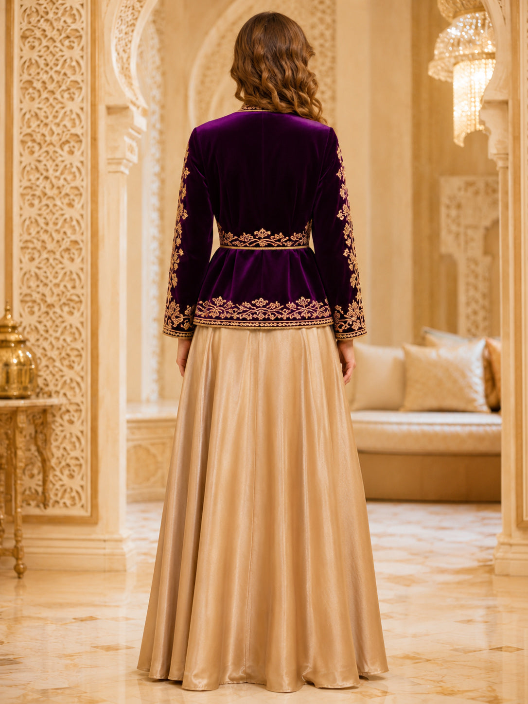 Regency Karakou Two Piece Floor Length V Neck Gold Embroidered Jacket Dress Set back view
