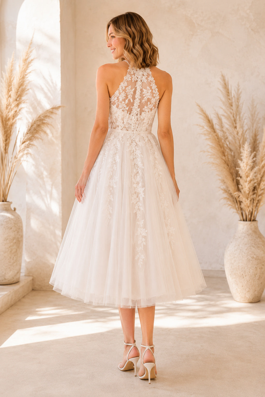 Ivory Halter High Neck Applique Tea Length Wedding Dress for Wedding Reception and Party back view