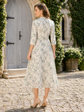 Cream Green Floral High Neck Three Quarter Sleeve Midi Dress back view