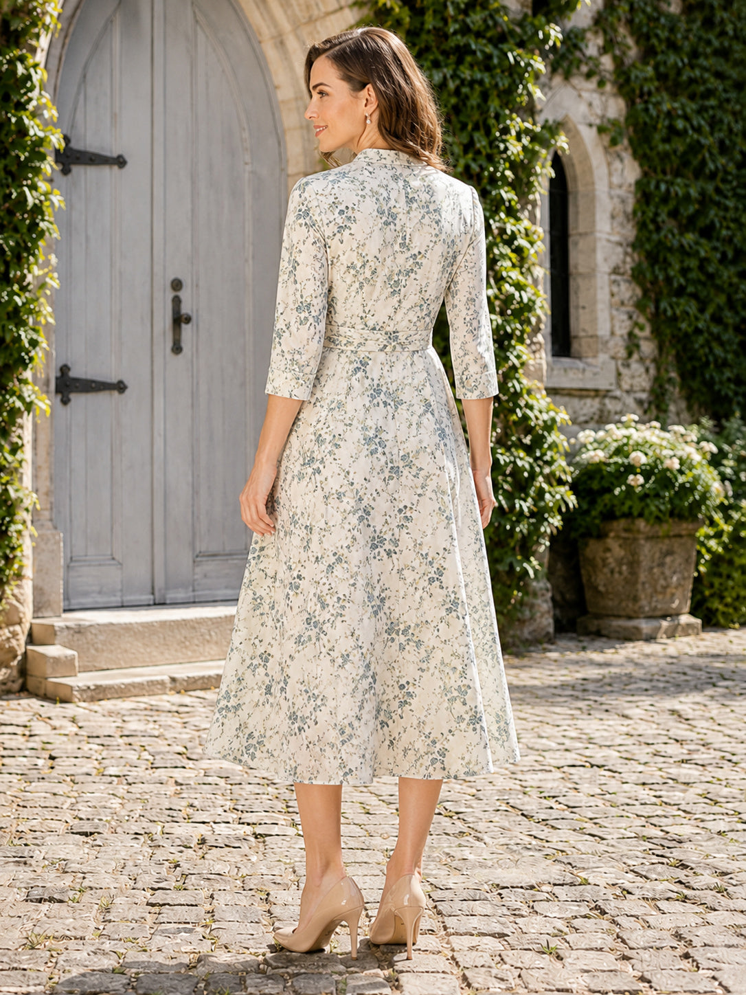 Cream Green Floral High Neck Three Quarter Sleeve Midi Dress back view