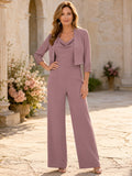 Mother Vintage Mauve Chiffon Pantsuit with Cowl Neck Cropped Jacket and Wide Leg Pants front view