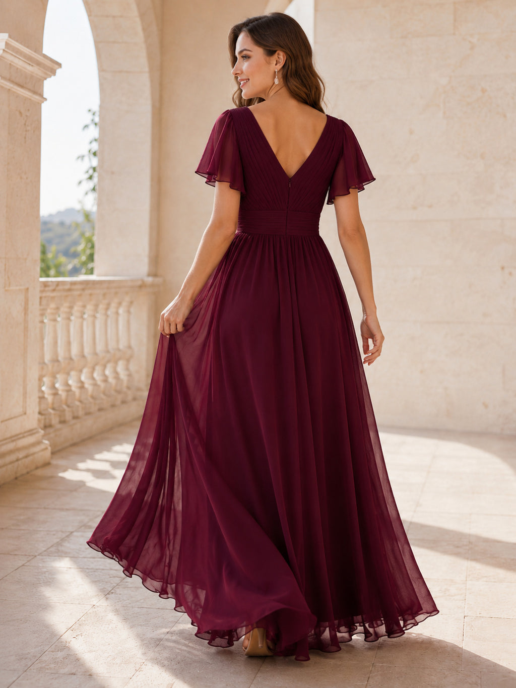 Burgundy V Neck Flutter Sleeve Chiffon Formal Dress back view