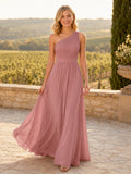 Dusty Rose One Shoulder Junior Bridesmaid Chiffon Gown front view
