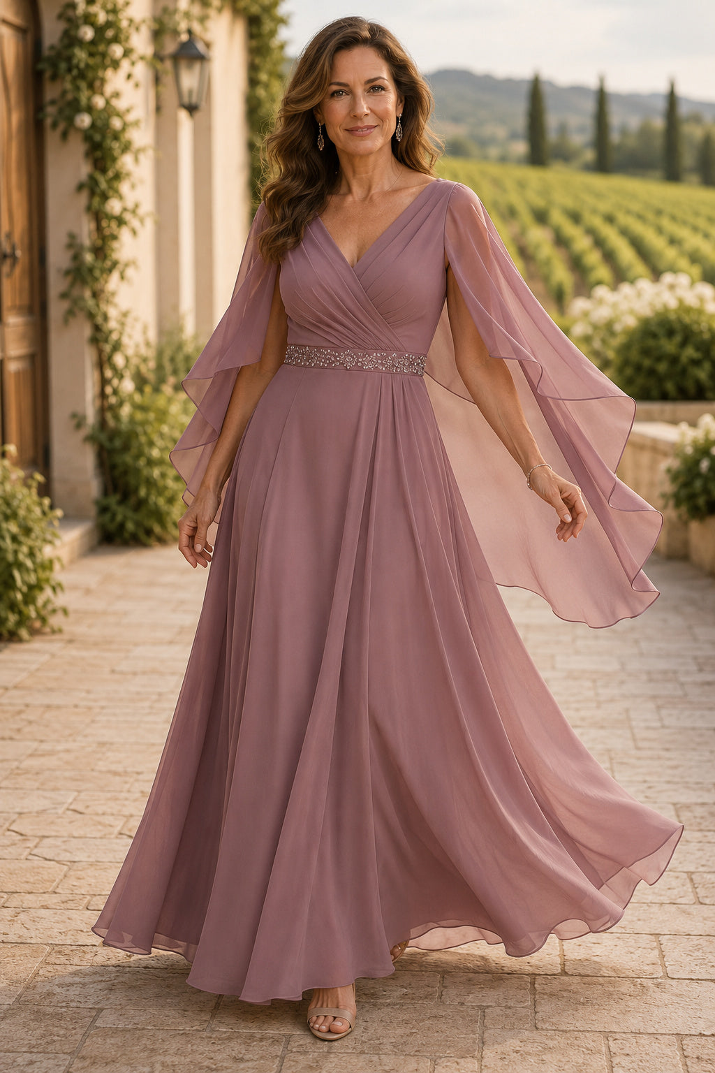Mauve V-Neck Chiffon A-Line Mother Dress with Cape Sleeves and Beaded Waist front view