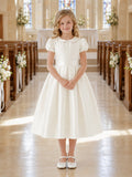 Puff Sleeve Satin Communion Flowergirl Tea Length Church Dress front view