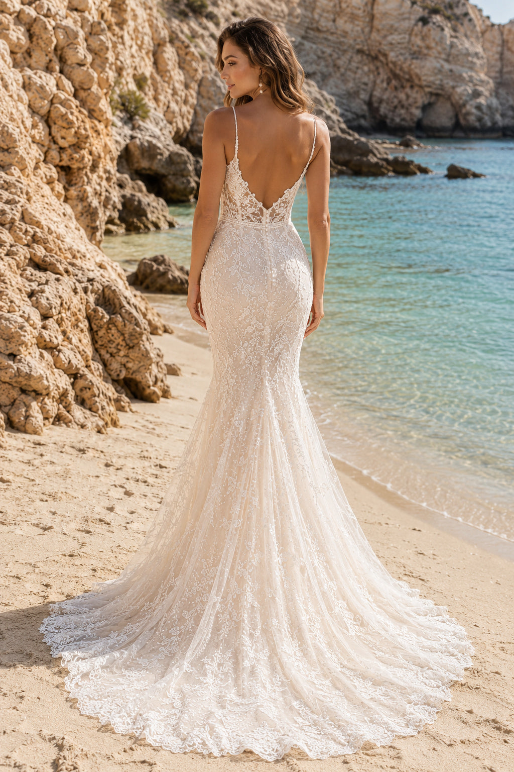 Ivory Spaghetti V-Neck Lace Mermaid Wedding Dress Chapel Train for Bridal Ceremony and Reception Style MG_700796 back view
