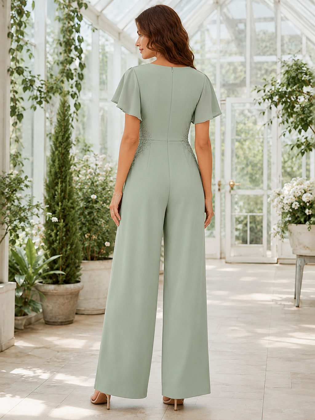 Sage V Neck Flutter Sleeve Pleated Wide Leg Chiffon Modern Firmung Jumpsuit back view